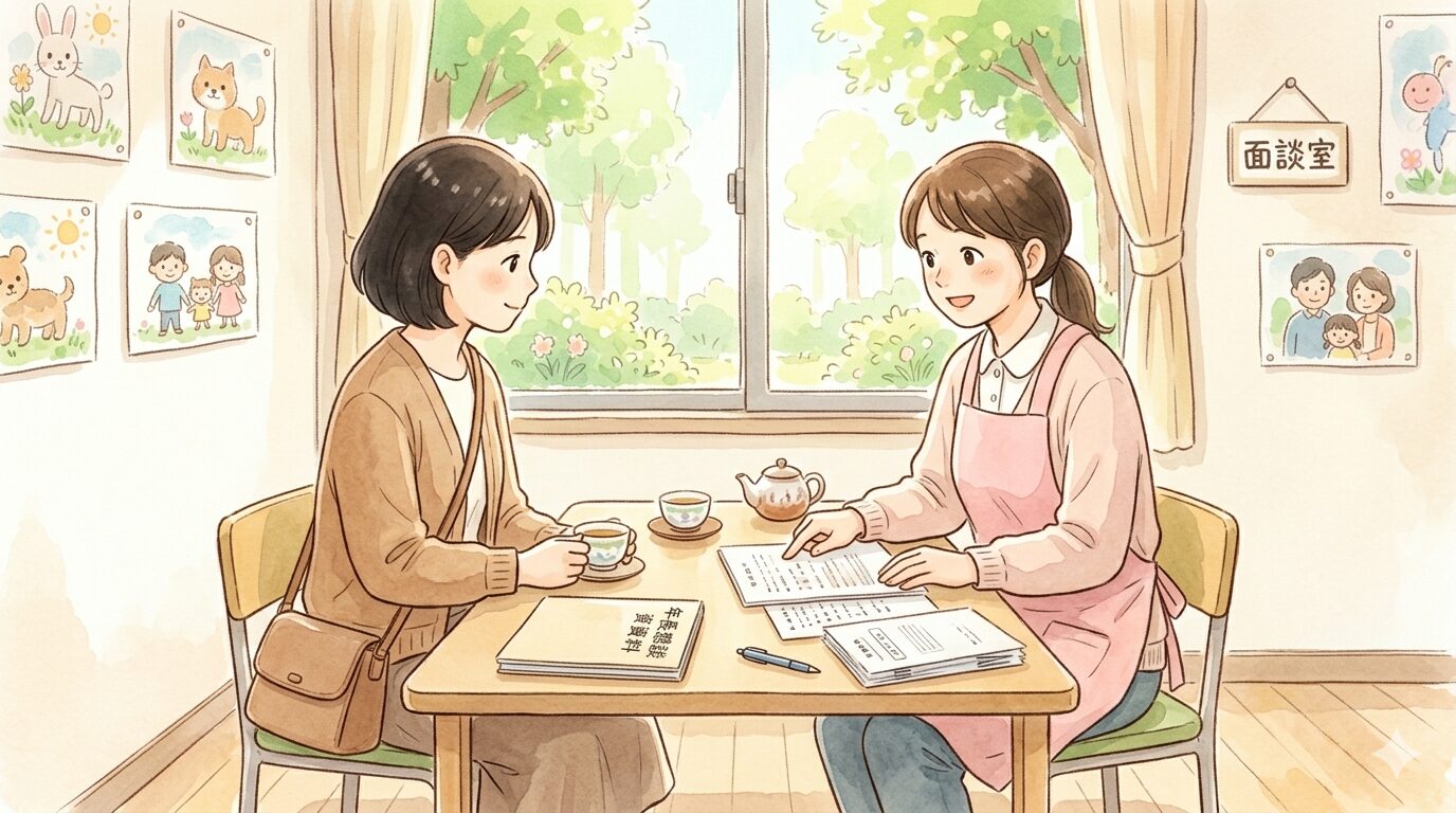 面談室で先生と母親が向かい合って話している水彩イラスト