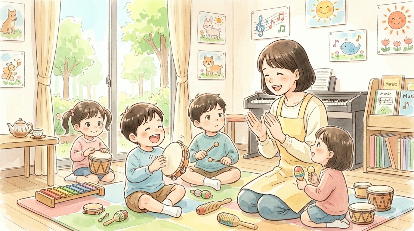 音楽療育で楽器を鳴らして楽しむ子どもたちと先生の水彩イラスト