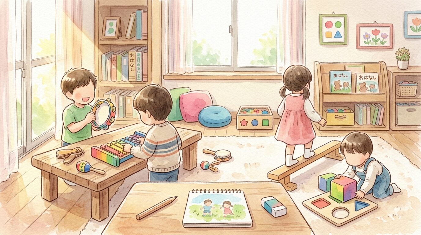 放課後デイサービスで療育を受ける子どもの様子のイラスト