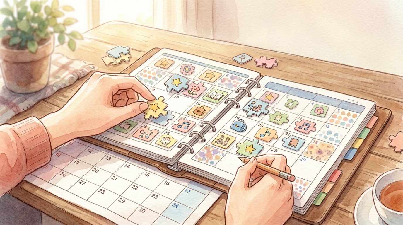 子どものスケジュールをパズルのように埋めていく母親のイラスト