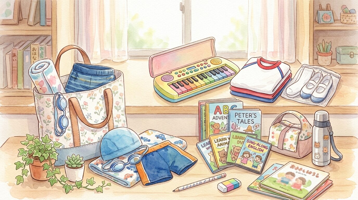 習い事やデイに通うためのバッグや持ち物がたくさん並んでいるイラスト